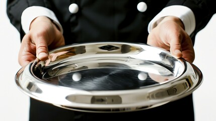 Elegant waiter in classic restaurant  a focused scene with silver tray against a clean background