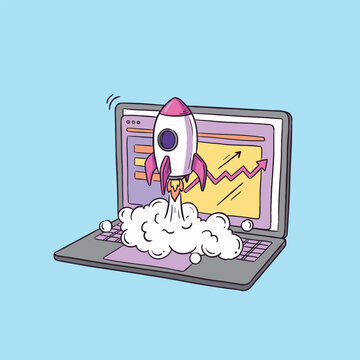 vector cartoon illustration of digital startup launch and business growth visualization