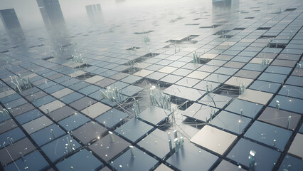 A futuristic grid of metallic tiles with glowing structures emerging from the surface, symbolizing advanced technology.