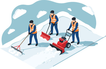 Snow removal workers in winter landscape, team clearing icy surface with shovel, rake, and snow blower, outdoor maintenance illustration, seasonal vector design © Manu