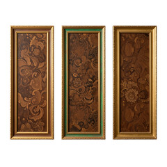 Three ornate gold-framed decorative art panels