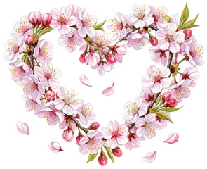 Obraz premium Valentine Heart-shaped wreath of pink cherry blossoms and delicate petals, symbolizing love and spring