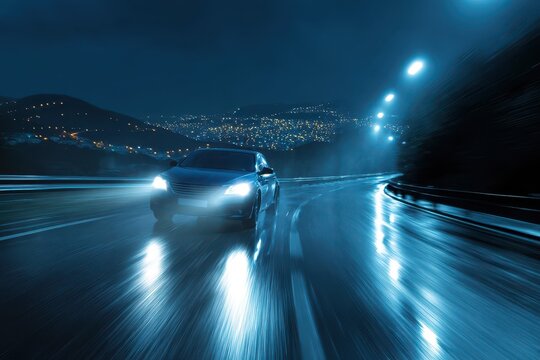 Night highway dash with bright xenon headlights on a fast-moving car