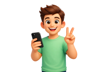 Cartoon character of a happy boy holding a smartphone and showing a peace sign gesture with hand isolated on transparent background