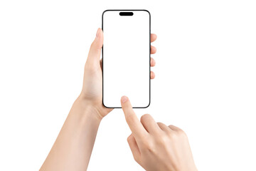 Two hands holding a smartphone with a blank white screen and a finger touching the bottom isolated on transparent background