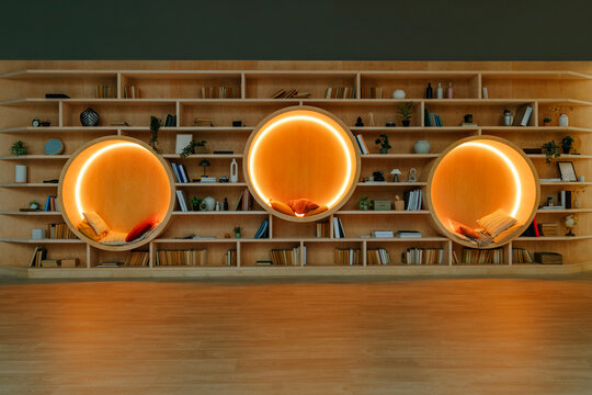 Modern coworking library interior with cozy circular reading niches