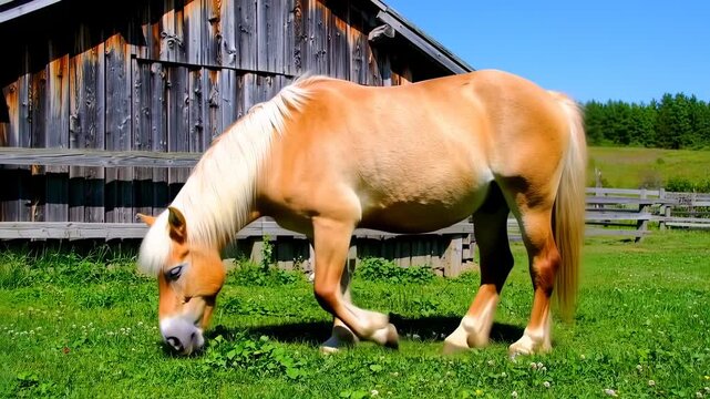 Tranquil scene of a Haflinger horse grazing peacefully in a rural field