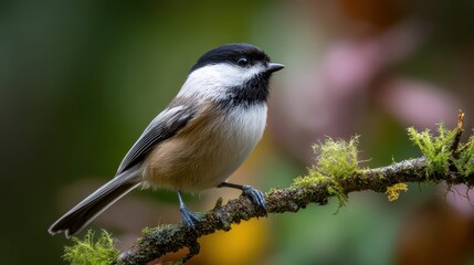 Obraz premium Perched chickadee in calm woodland light with crisp feather detail and shallow depth of field