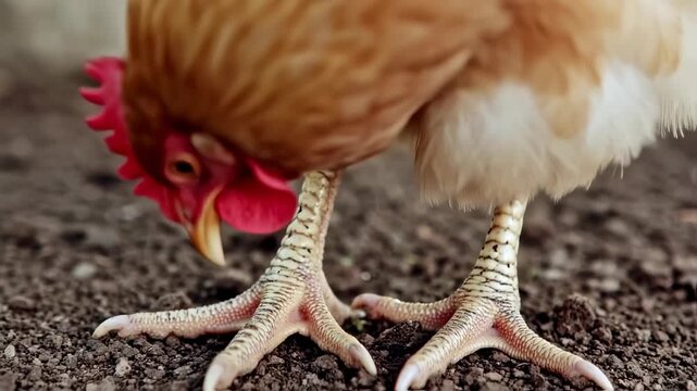 Close-up Detail of Chicken Feet on Soil Ground Surface in Natural Environment