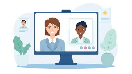 illustration of a professional online job interview via video conference with a diverse female recruiter and candidate