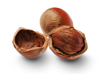 Whole and cracked hazelnuts isolated on transparent background