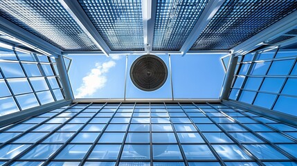 Bright minimalist ventilation  white air duct and vortex diffuser beneath a glass roof atrium