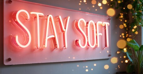 Fototapeta premium Pink neon sign displays Stay Soft. Background features blurred foliage, warm lighting, dark wall. Minimalist aesthetic, positive message.