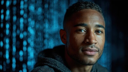 Portrait of a young Black man against cascading binary code on a dark backdrop