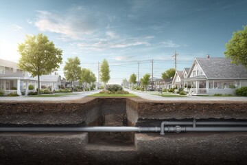 Naklejka premium Underground view of modern sewerage system beneath urban landsca