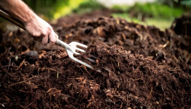 Compost pile being turned with a garden fork for aeration.
