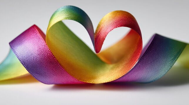 Rainbow ribbon heart on white background, a pride symbol expressed in glossy satin