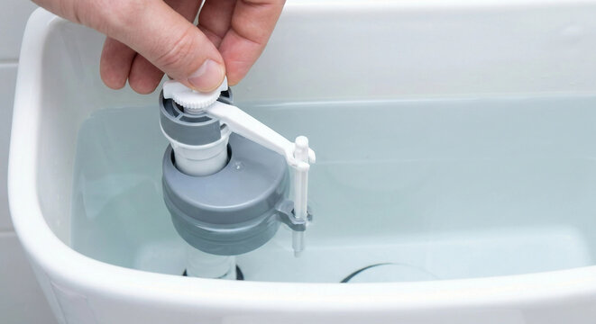 Adjusting flush valve and float mechanism inside white ceramic toilet tank