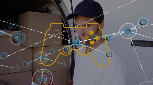 Animation of game controller, icons connected with lines, caucasian deliveryman writing on clipboard