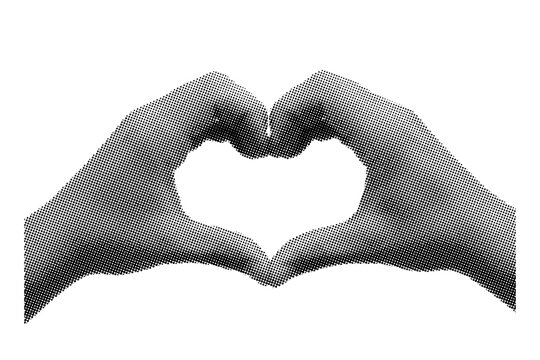 retro halftone effect human hand with heart gesture, trendy photocopy style for collages heart hand, retro photocopy human heart hands.eps