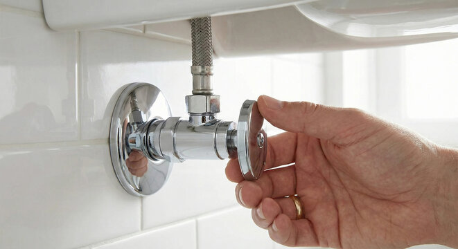 Turning chrome angle stop water shut-off valve under bathroom sink