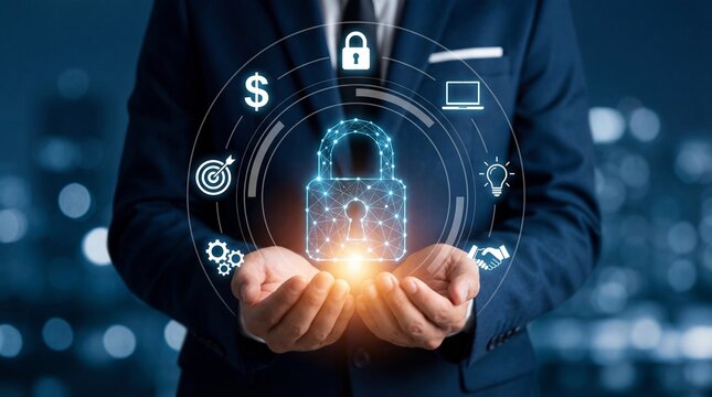 Businessman holding glowing digital padlock with cybersecurity icons in a futuristic cityscape at night - Powered by Adobe