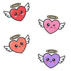 Cute Chubby Angel Hearts with Wings and Halos, Flying Kawaii Characters Vector Set