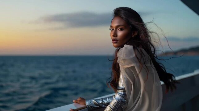 gorgeous black supermodel on luxury yacht at sunset, elegant woman in silver dress with diamonds on mediterranean balcony, stunning full-body fashion portrait outdoors on yacht