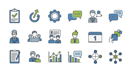 Collection of Business and Management Icons Representing Workflow and Collaboration.