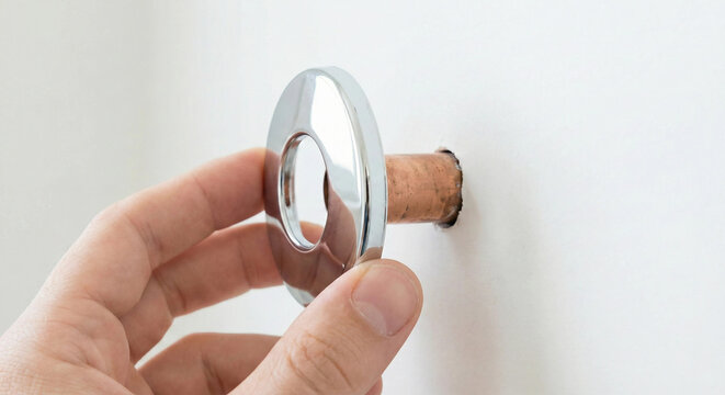 Placing chrome escutcheon plate over copper pipe stub out on white wall