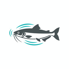 Obraz premium Stylized dark gray fish with prominent barbels encircled by teal wave lines
