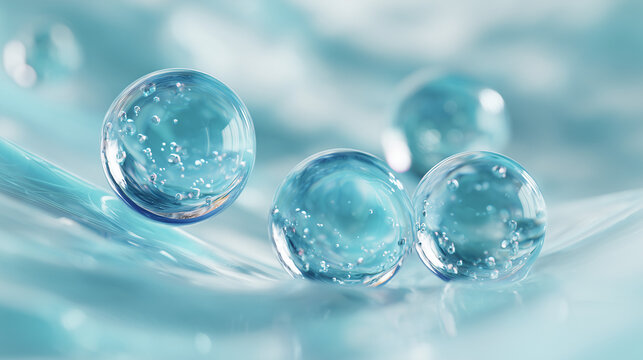 An exquisite ultra-macro 3D visualization of translucent blue gel spheres with internal bubbles floating over a rippling liquid surface, representing advanced skincare technology.