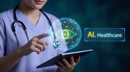 Healthcare professional interacting with ai powered tablet displaying futuristic eye interface for medical diagnosis and treatment