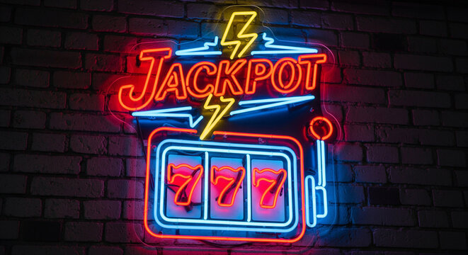 Neon sign with slot machine 777. Design of the inscription "Jackpot" close-up on a brick wall