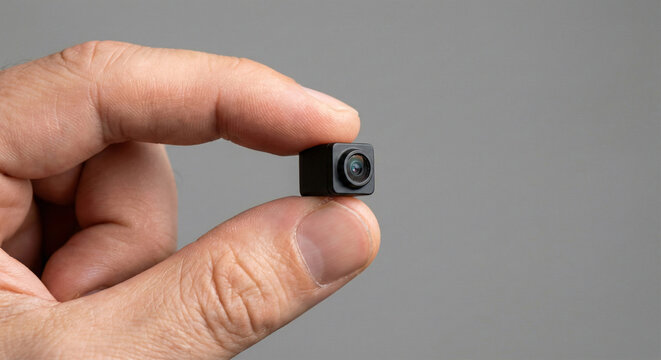Hand holding small spy camera in studio