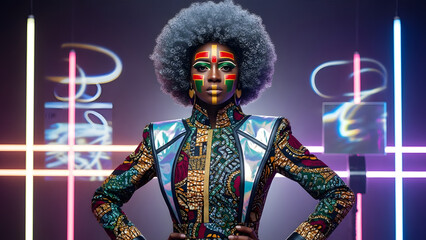 Fototapeta premium Afrocentric futuristic fashion portrait of black woman with metallic afro and Pan-African face paint in neon studio