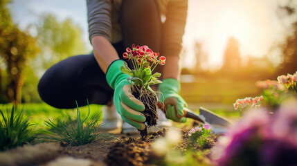 Person planting vibrant red flowers in a home garden, hands wearing green gloves carefully placing the seedling into fresh soil, fostering growth, gardening hobby during golden hour, copy space