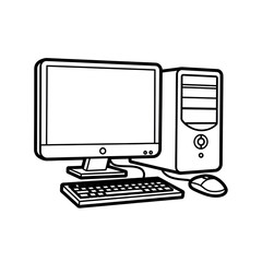 Desktop Computer Vector Illustration - PC Monitor, CPU Tower, Keyboard, and Mouse Outline Icon