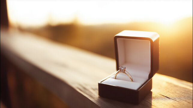 Solitaire diamond engagement ring in open black jewelry box resting on wooden railing during a romantic outdoor sunset proposal moment, copy space - Powered by Adobe