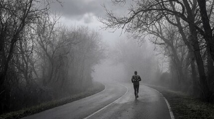 Foggy Road: A road disappearing into thick fog, a runner in the distance, moody and atmospheric.