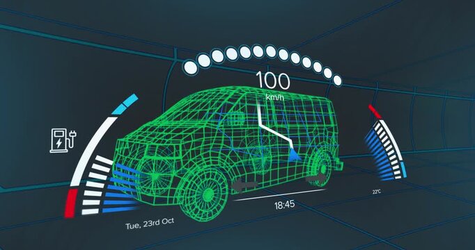 Animation of loading speedometer over 3d model of van against black background