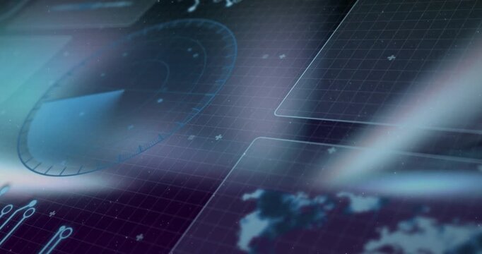 Animation of radar, globe and computer language over abstract background