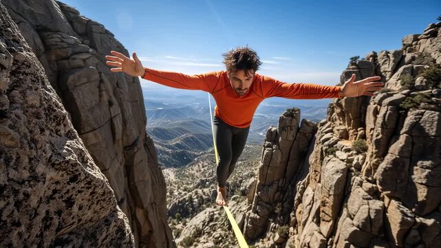 Man highlining between steep rock cliffs in a canyon. Extreme sport athlete balancing on a slackline with arms outstretched. Adventure and risk concept. High altitude mountain landscape
