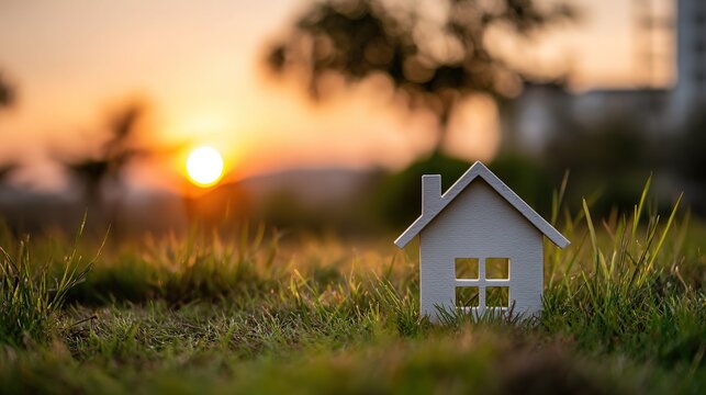 Close-up of simple house model on grass, blurred sunset green meadow background warm tones, tranquil natural living atmosphere design material