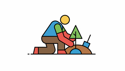 Stylized illustration of a person kneeling and planting a small green tree into a brown mound of earth, symbolizing gardening or environmental care.