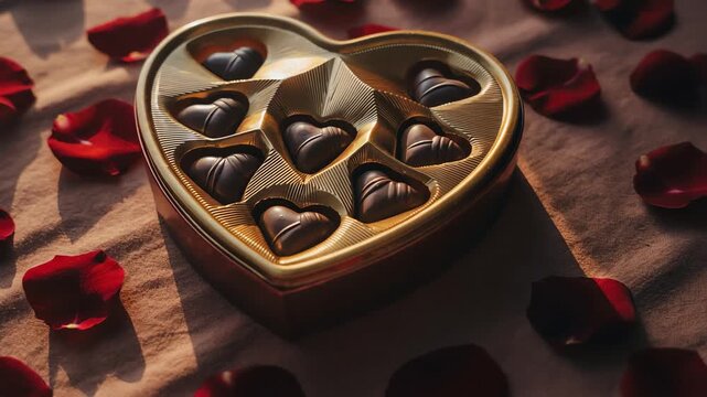 heart shaped gold chocolate box with pralines and red rose petals