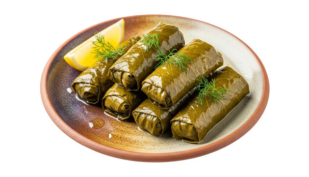 Dolma on rustic ceramic plate, grape leaves wrapped, isolated on transparent background