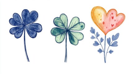 A collection of clover leaves with hearts