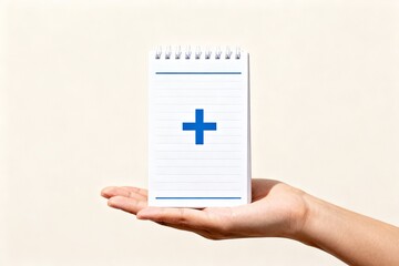Hand holding notepad with plus sign