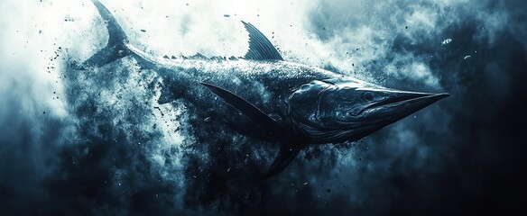 Abstract swordfish figure with disintegrating edges on a dark blue and white backdrop